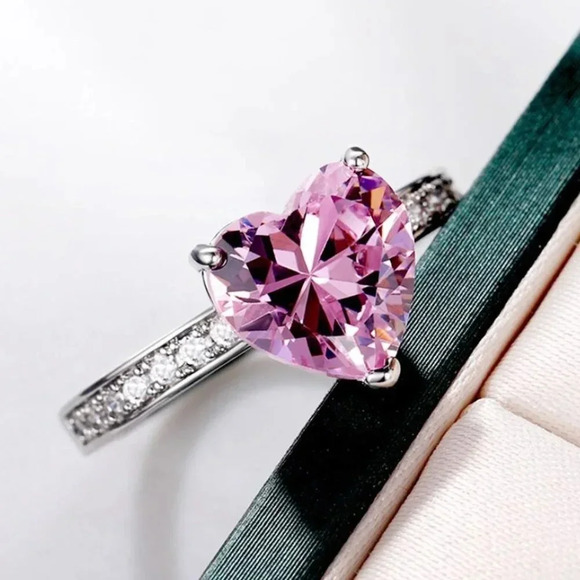 925 Sterling Silver Pink Sapphire Diamond Heart Ring - Picture 2 of 8